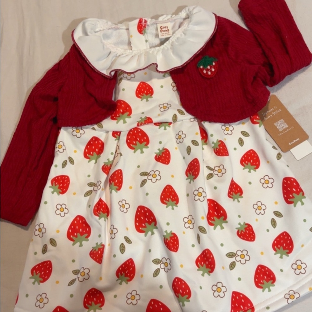Girls' Strawberry Print Dress with Red Cardigan